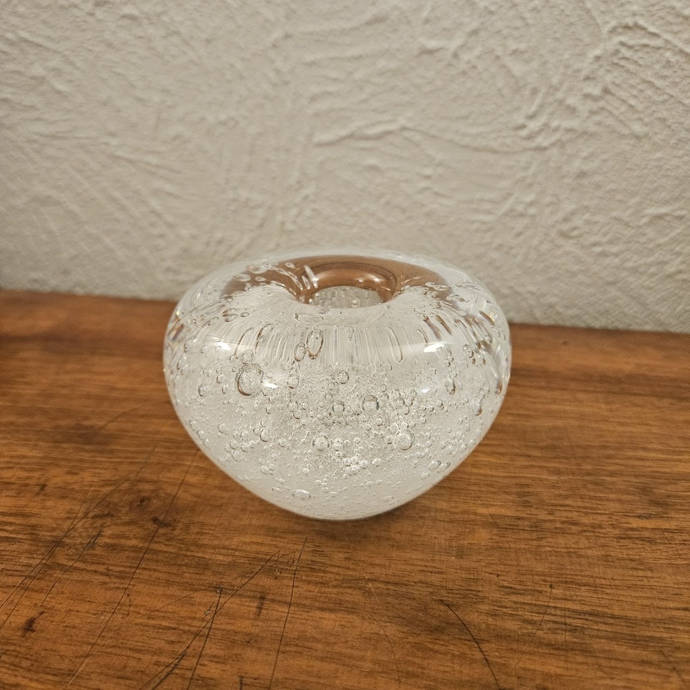 Controlled Bubble Art Glass Clear Paperweight Candle Holder Heavy Made In Mexico